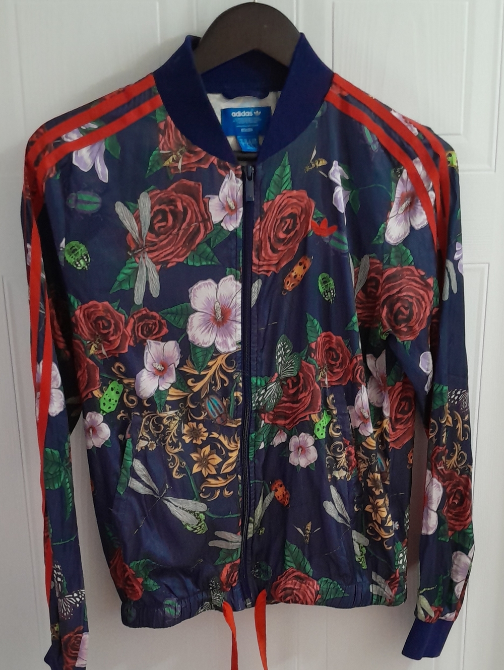adidas Navy Floral Bomber Jacket with Red Stripes